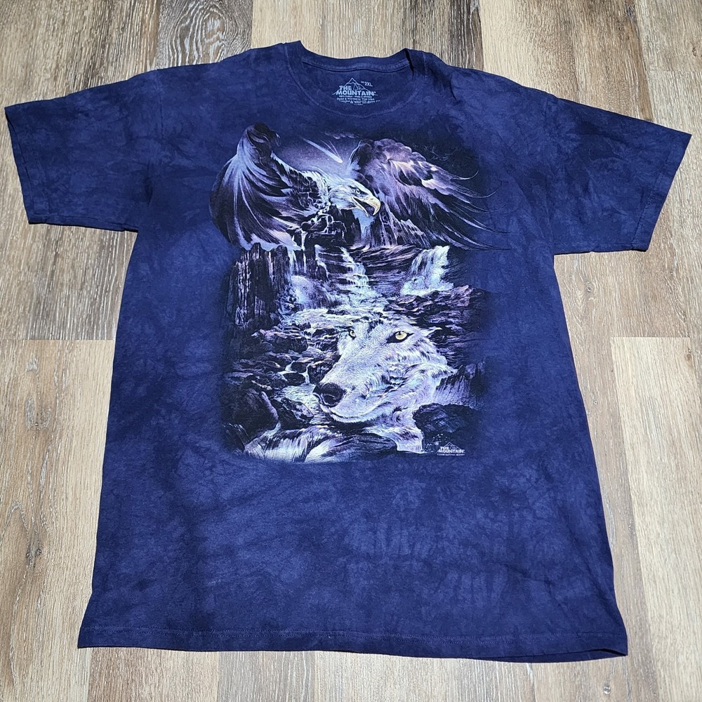 Vintage Y2K The Mountain 2XL Moon Wolf Eagle Creek Water Shirt Tie Dye Blue